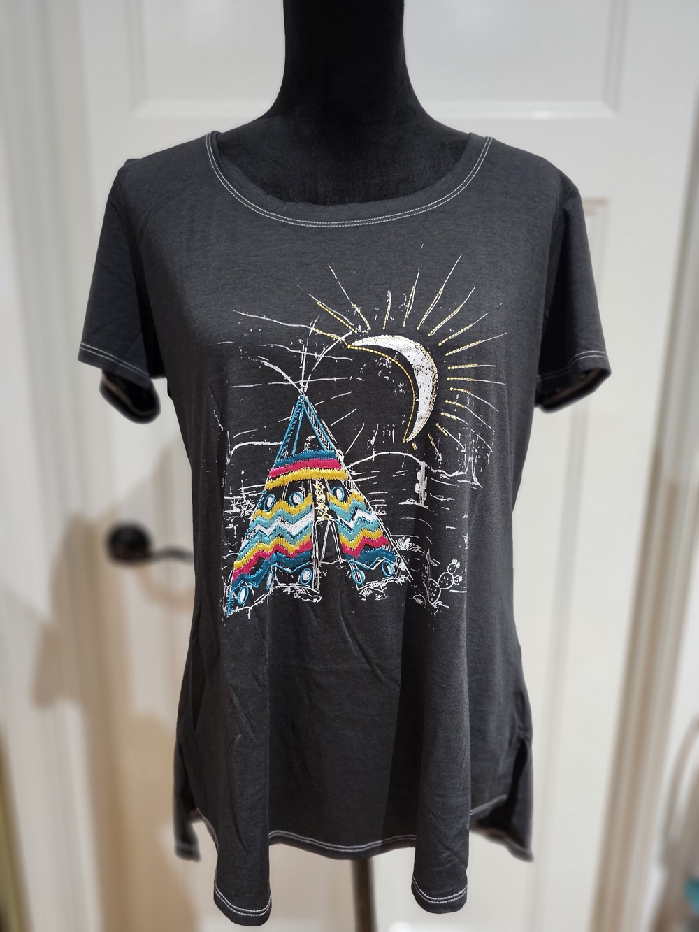 Black Embroidered Teepee Tent and Crescent Moon Tee, NWT